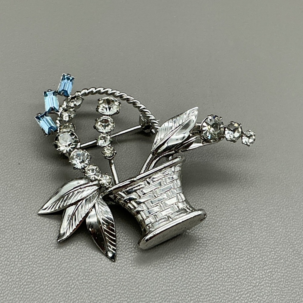 Vintage Carl Art Brooch Sterling Silver Flower Basket Blue Rhinestone 1950s